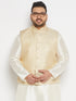 Vastramay Men's Plus Size Cream and Gold Jacquard Nehru Jacket